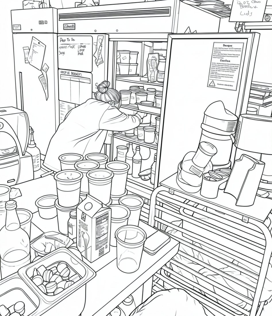 Sketch of a bartender reaching into the walk-in shelves