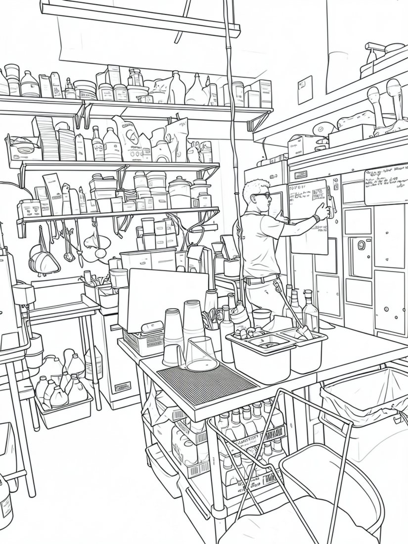 Sketch of the wide prep room, mid-shift